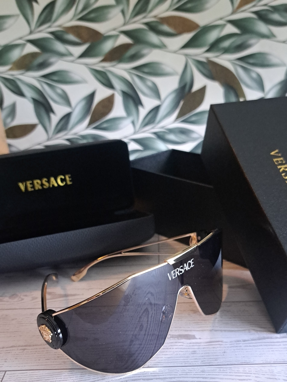 Versace Shield Sunglasses in Black and Gold-Tone